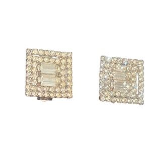 Vintage Silver Tone Clear Rhinestone Square Clip On Earrings Baguette Center